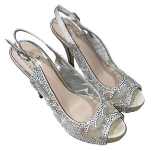 JC Jewel Couture Platform Slingback Heels Silver Rhinestone Embellished Size 38